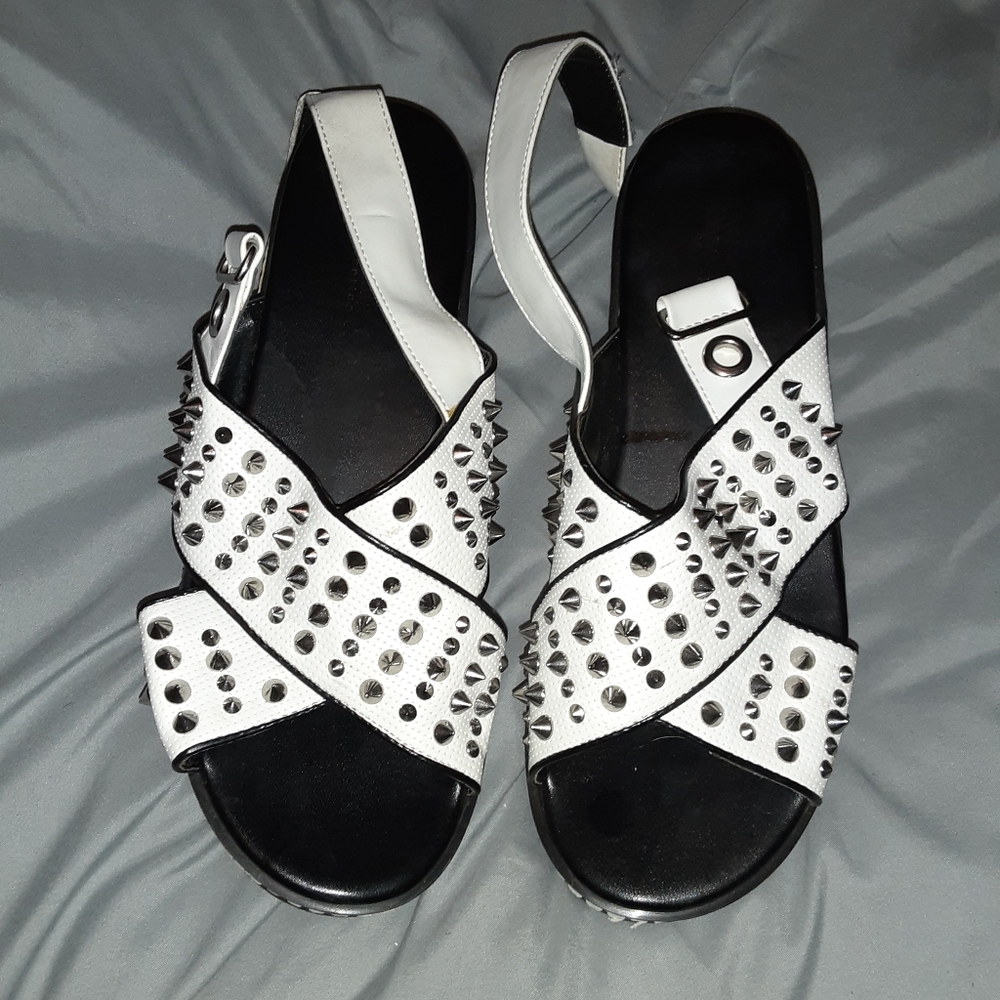White Stud Platform Wedge Sandals 9